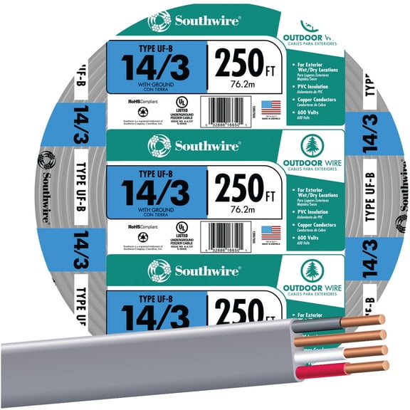Southwire 14 AWG 3-Conductor Electrical Wire UFW/G - 250 Ft Copper Cable