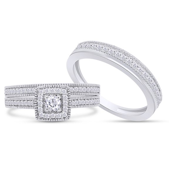 AFFY White Natural Diamond Engagement & Wedding Trio Band Ring Set In 10k White Gold (0.5 Cttw)