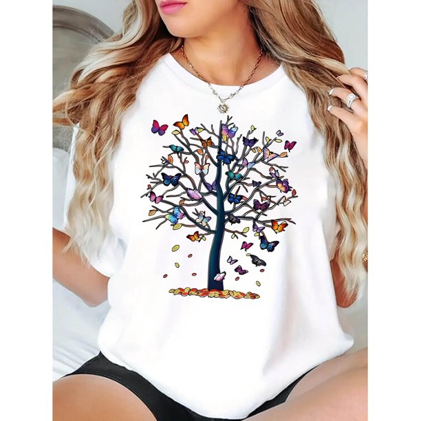 Women's Colorful Butterfly Tree Print Tee - Casual Crew Neck Short Sleeve T-Shirt, Stretchy & Machine Washable, Perfect for Summer, Creative, Colorful Butterfly Tree, Fashion, Casual, Summer Top