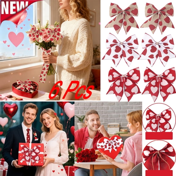 KOYPTL 6 Pcs Valentines Day Tree Bows Decorations with Pink Heart Decor 6*4.5 Inch Cloth Fabric Wrapping Bows for Valentines Day Gifts Wedding Holiday Party Home Decor