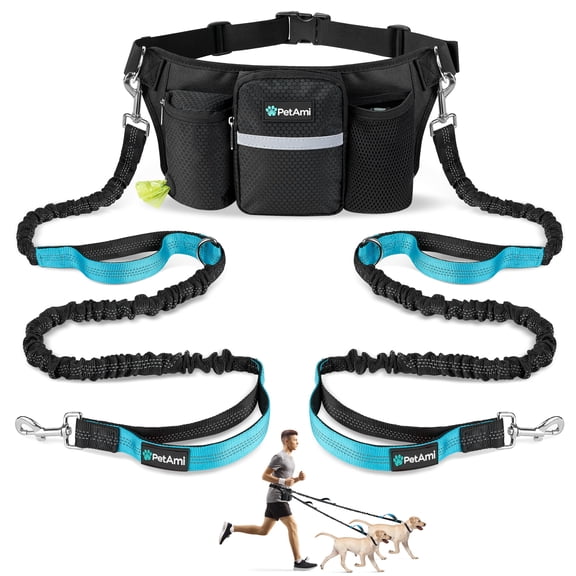 PetAmi Premium Hands Free Dog Leash for 2 Dogs, Adjustable Waist Belt Leash for Dog Walking, Fanny Pack Accessories Bag Dual Bungee Leash for Running, Hiking, Jogging, Biking, Black