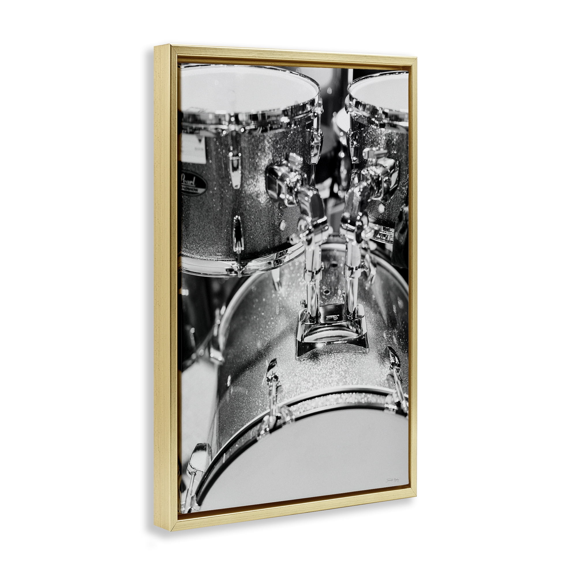 Stupell Industries Drum Set Black & White Entertainment Painting Gold Floater Framed Canvas Art Print Wall Art, 17 x 25