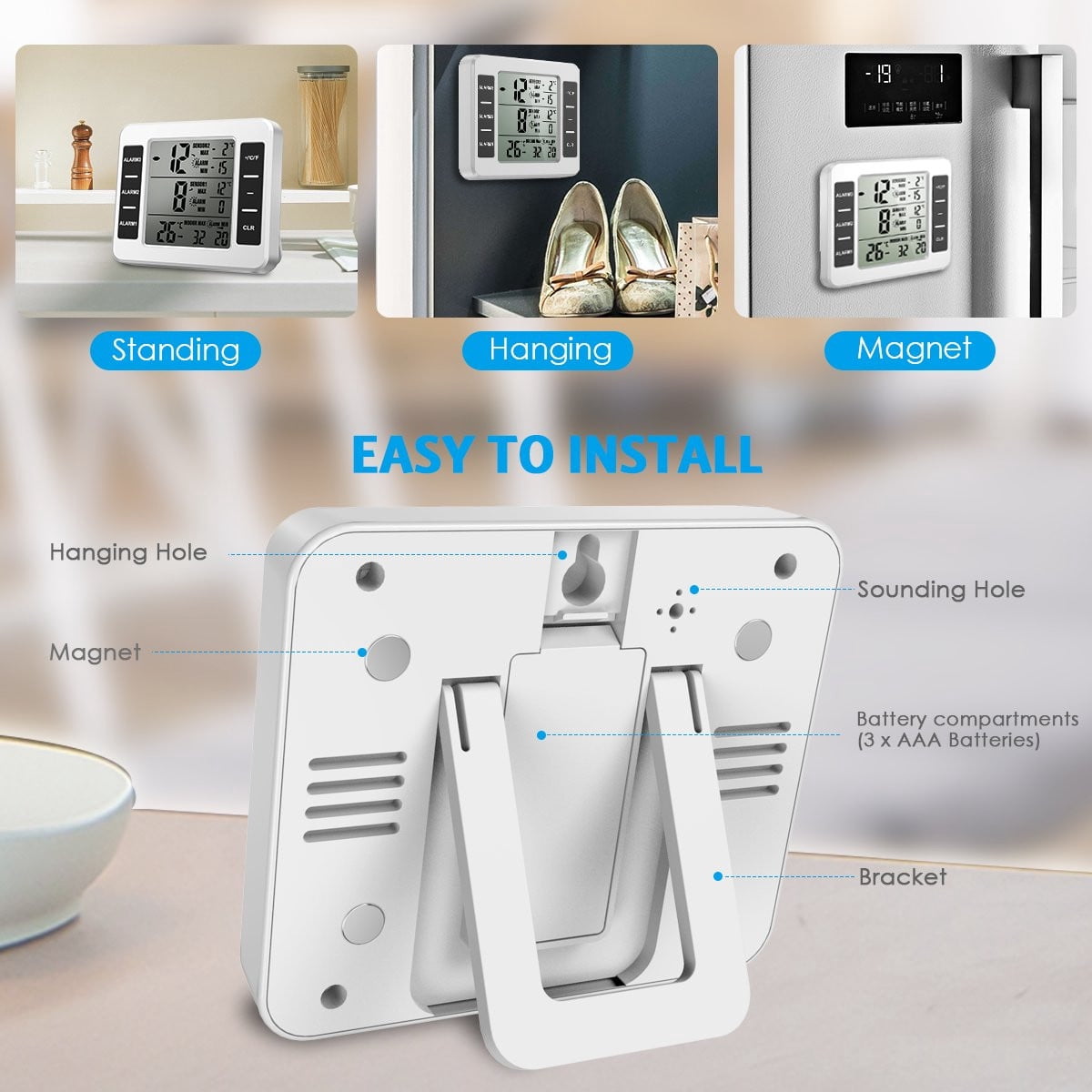 Refrigerator Thermometer, Wireless Indoor Outdoor Freezer Thermometer, Sensor Temperature Monitor with Audible Alarm Temperature Gauge for Kitchen, Freezer, Home,Mothers Day Gifts