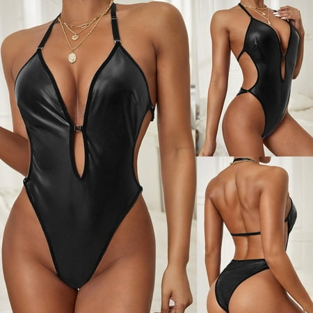 

Miayilima Women s Leather Jumpsuit Without Steel Ring Deep V Halter Neck Underwear Lingerie Underwear Clubwear Bodysuit