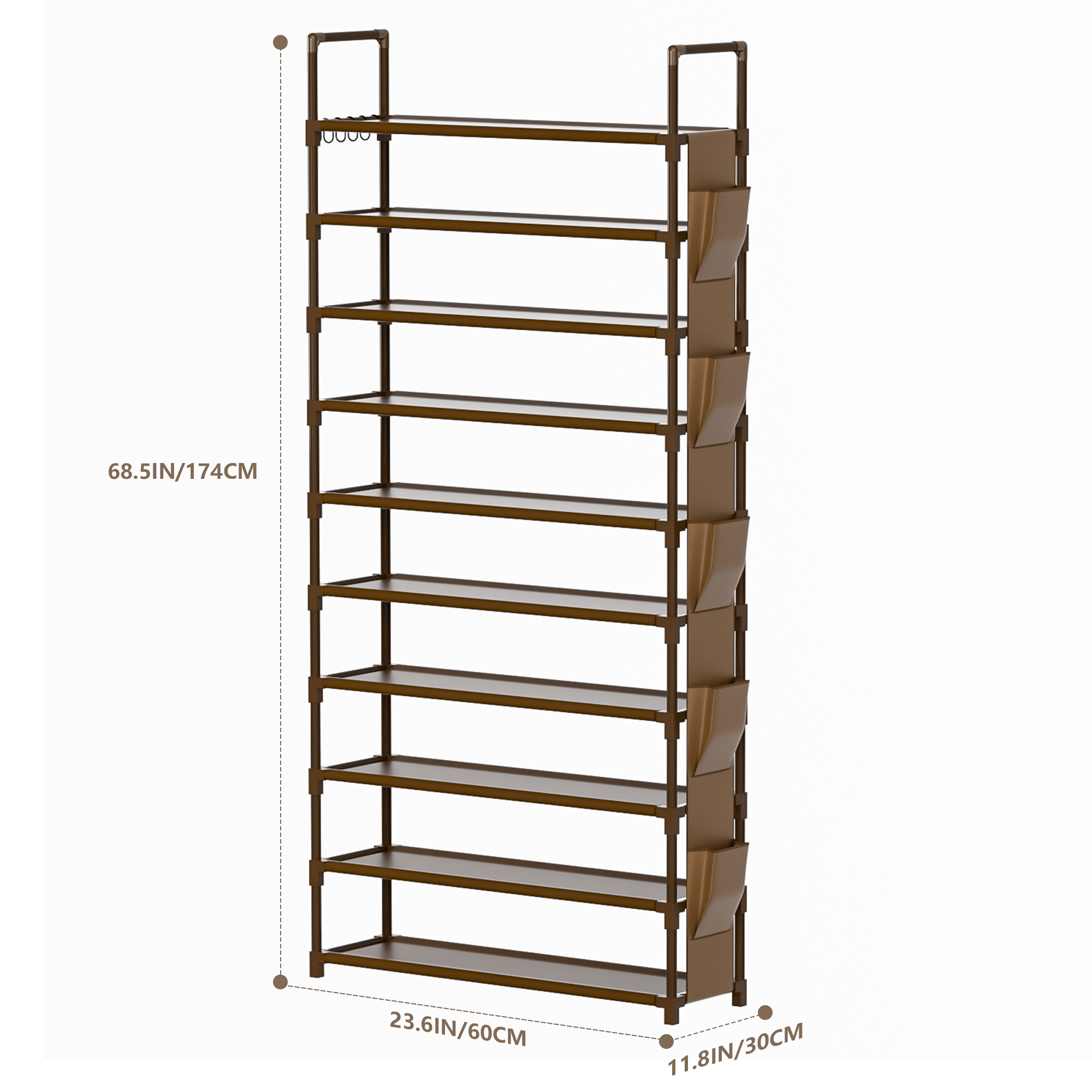 10 Tier Tall Shoe Rack with 5 Hooks and Pocket, Sturdy Shoes Storage Organizer for Closet, Large Capacity Space Saving Shelf