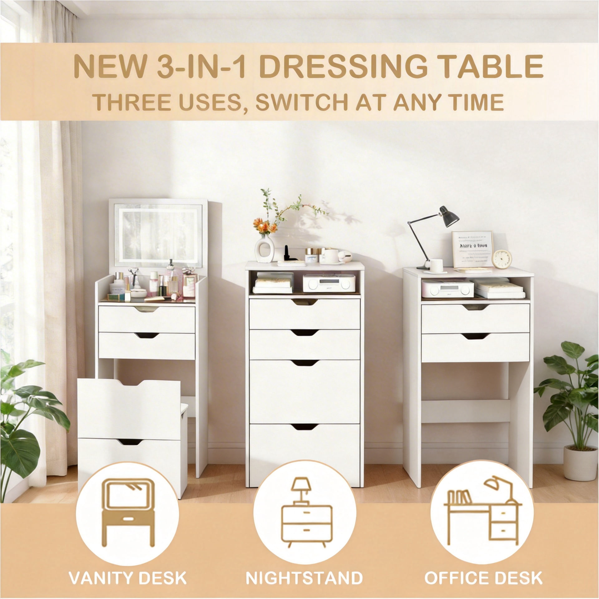 3-in-1 Vanity Desk with Lights & Flip Mirror, Small Makeup Vanity Set with Hidden Stool and Storage Drawers, Space-Saving Dressing Table for Bedroom, White