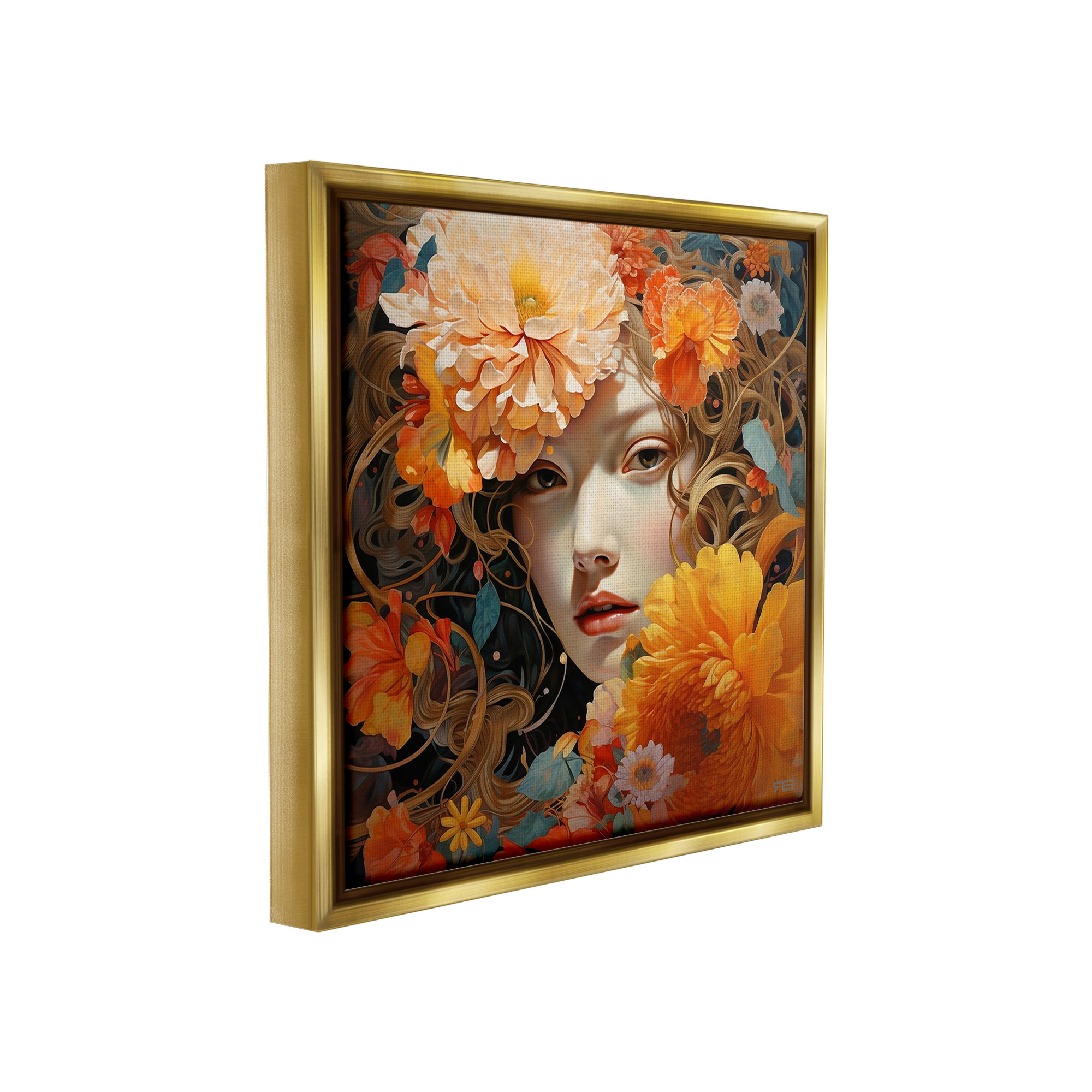 Stupell Industries Woman & Scattered Blossoms Botanical & Floral Painting Gold Floater Framed Canvas Art Print Wall Art, 25 x 25