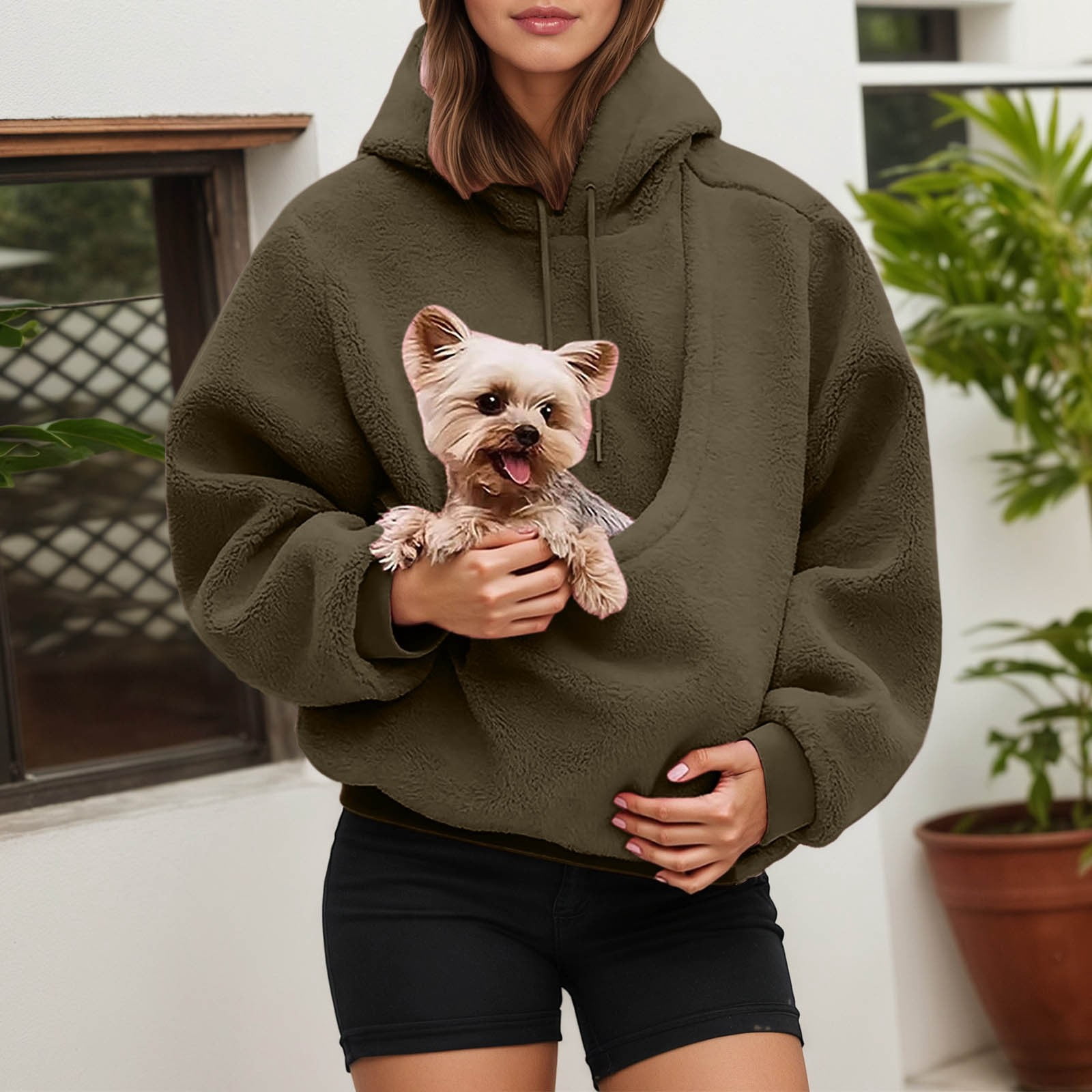 Kangaroo Pocket Cat Dog Pouch Hooded Sweatshirts Women Solid Long Sleeve Warm Pet Carrier Pullover Animal Holder Hoodie