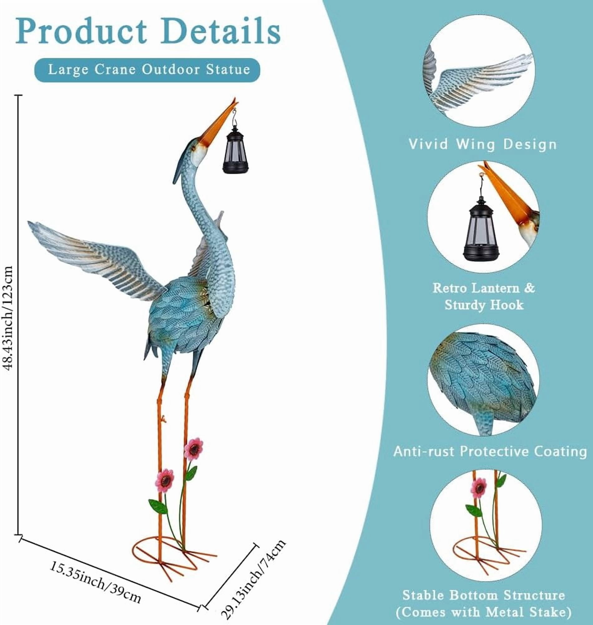 Metal Crane Garden Statue for Outside, Large Heron Outdoor Statues with Leaf Tray, Elegant Crane Yard Art Garden Decor for Garden Yard, Porch