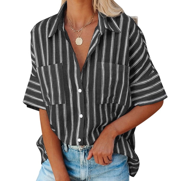 Sonducket Camisa de mujer Blusa a rayas de media manga Camisa con bolsillos a rayas de media manga Top con cuello en V y botones Prendas para la parte del cuerpo negro L Sonducket AP003125-08