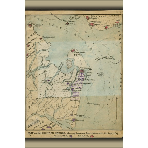 24"x36" Gallery Poster, Map of Charleston Harbor Batteries Sep 1863
