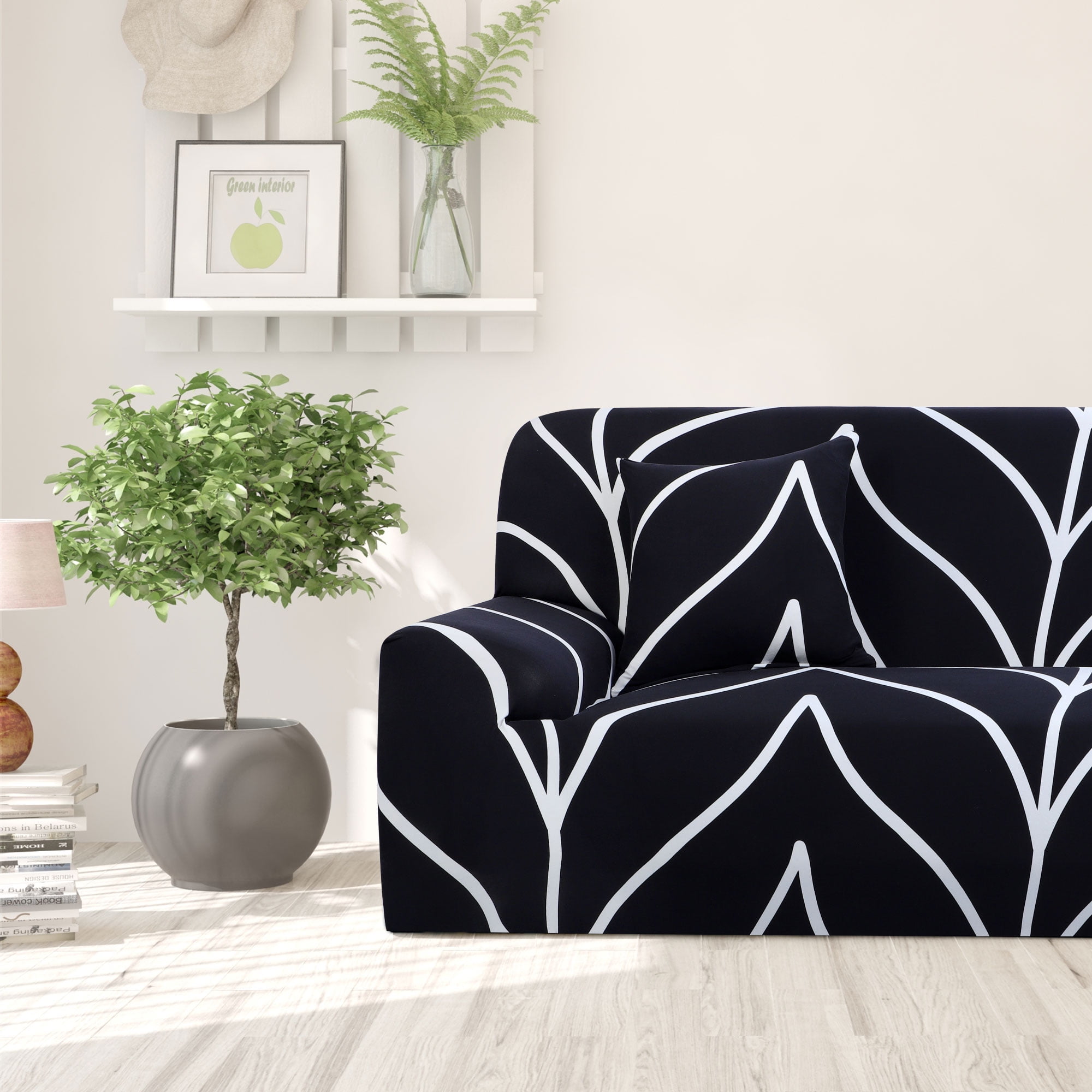 PiccoCasa Elastic Spandex Sofa Slipcover Branches Pattern Couch Cover, Black 57"-72"