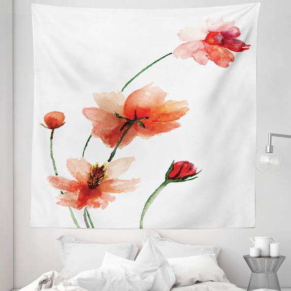 Watercolor Tapestry, Colorful Wildflowers with Vibrant Color Scheme Valentine Inspired Design, Fabric Wall Hanging Decor for Bedroom Living Room Dorm, 5 Sizes, Scarlet Dark Green, by Ambesonne