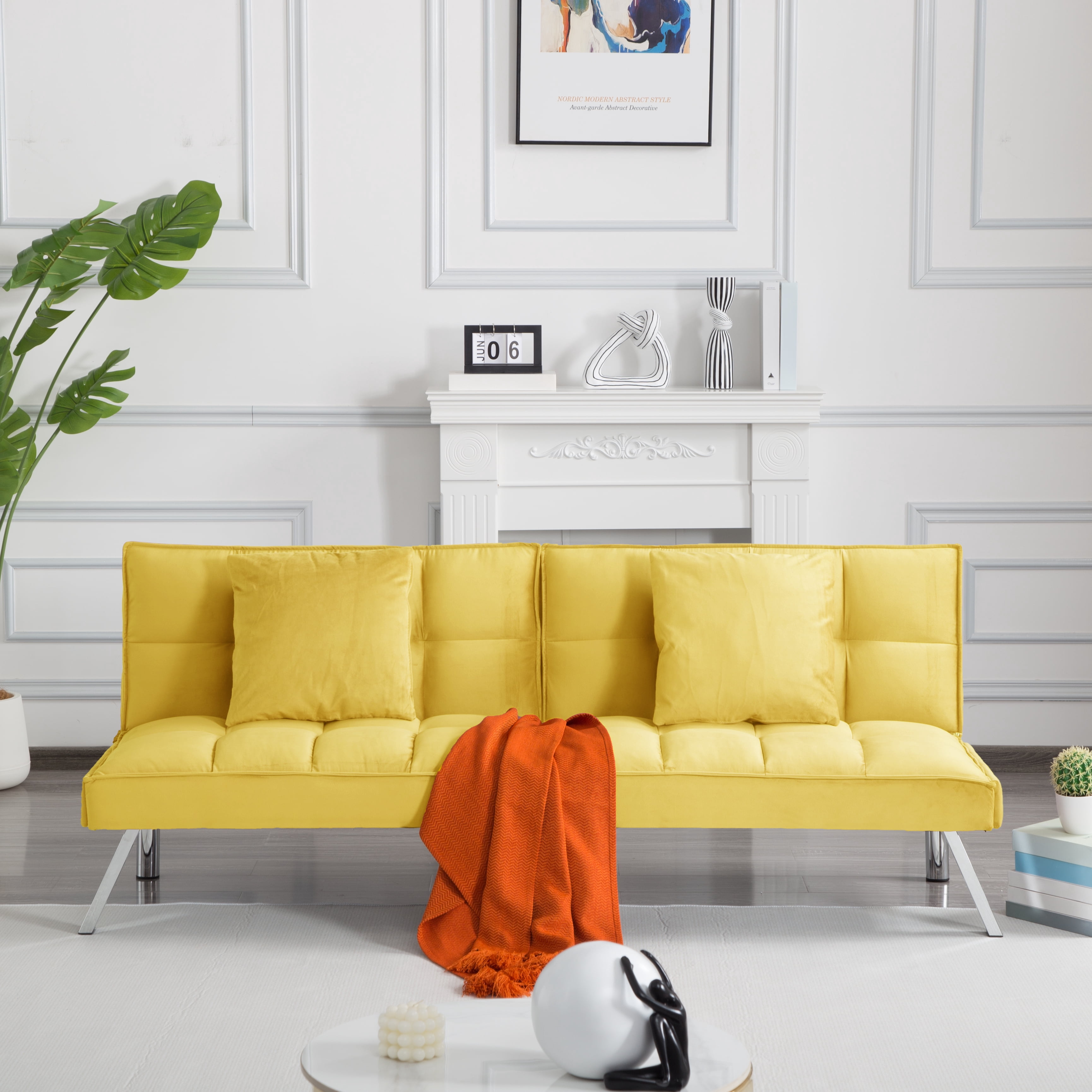 Gewnee 73 inches Futon Sofa Bed,Modern Reclining Futon Loveseat Couch Sleeper Sofa with 2 Pillows Sleeper Sofa for Living Room or Bedroom（Yellow)