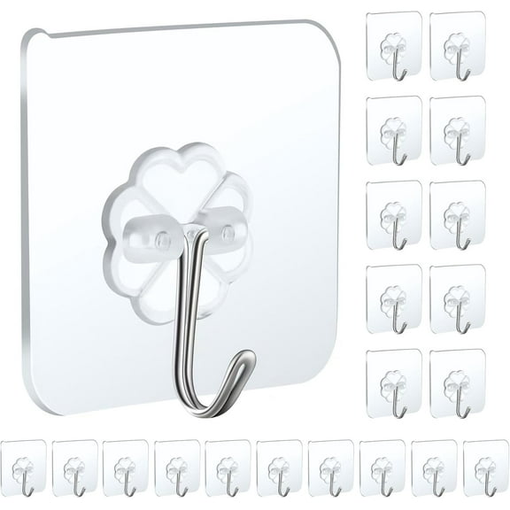 CNDRLEF 20-Pack Clear Adhesive Hooks, 22 lb Heavy Duty, Waterproof, 180° Swivel, No-Drill
