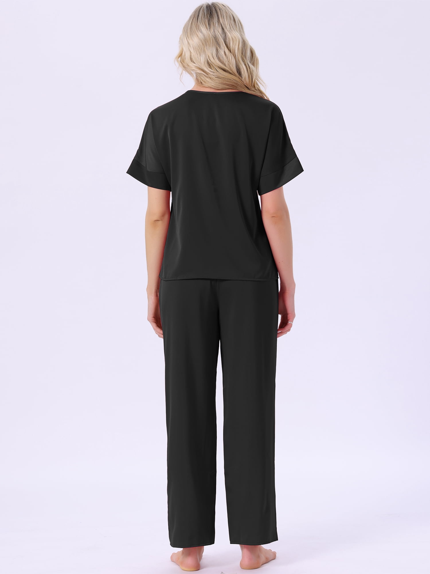 DARING DIVA Satin Pajamas Silky Short Sleeve V Neck Shirt Long Pant Set M Black