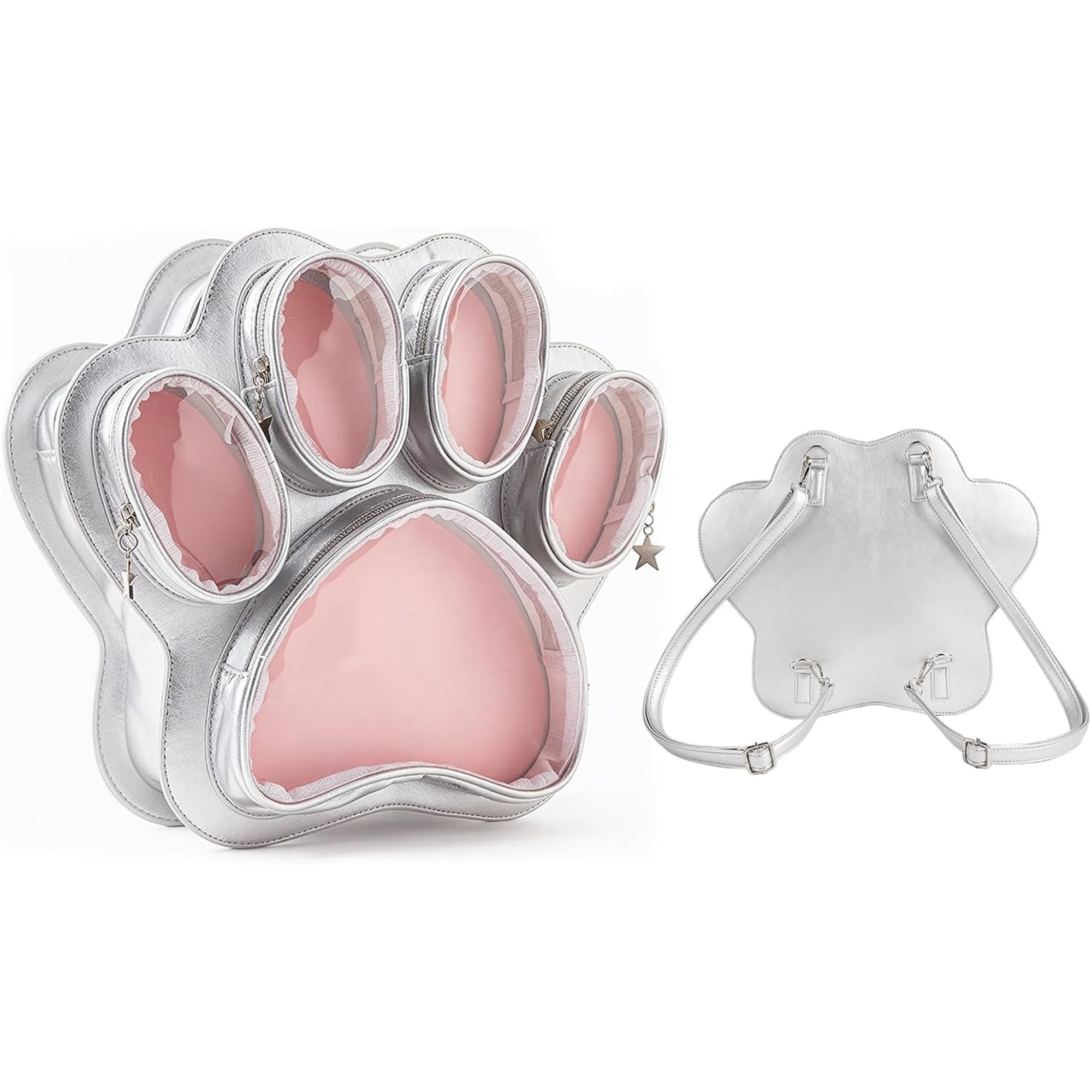 SQDWYGUO Cat Paw Ita Bag Kawaii Cute Backpack Ita Display Backpack with Clear Pocket Pretty Aesthetic Crossbody Shoulder Bag,Silver pink