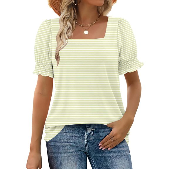 Women's T-Shirt, Square Neck Loose Fit Blouse with Lace Trim and Casual Stripe Print, Comfortable Short Sleeve Top for Daily Wear