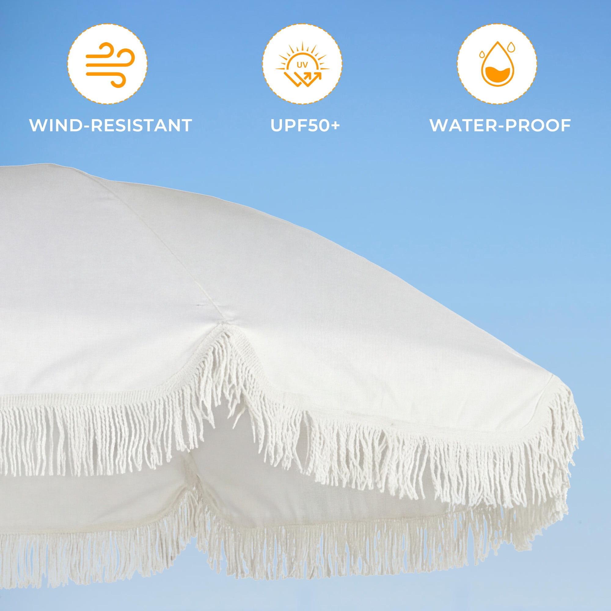 HOMEDEMO Boho Patio Umbrella with Fringe & Tassel - UPF50+ Sun Protection, Push Button Tilt, Premium Aluminum Pole & Fiberglass Ribs, Outdoor Market Umbrella with Hanging Hook