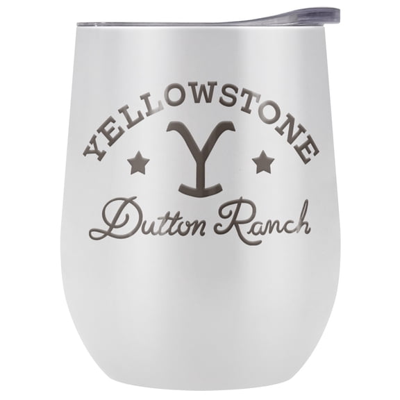Yellowstone Official Established Brand 12 OZ White Stemless Wine Tumbler, Stainless Steel Travel Cup|Lake Tumbler|Insulated with Leak Resistant Slide-Lock Lid