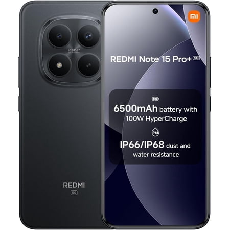 XIAOMI Redmi Note 15 Pro+ Plus 5G Ai Compatible with Tmobile Mint Tello & Global 512GB + 12GB NFC 6.83" 120Hz 200MP Ultra Camera Model 2510ERA8BG Unlocked Dual Sim Liberado Black