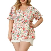 Angle View: Agnes Orinda Juniors' Plus Size Blouse V Neck Ruffle Sleeve Floral Top
