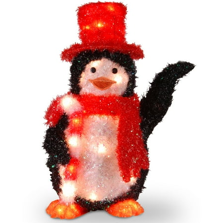 National Tree 22" Tinsel Penguin with Candy Cane with 35 Clear Indoor/Outdoor Lights