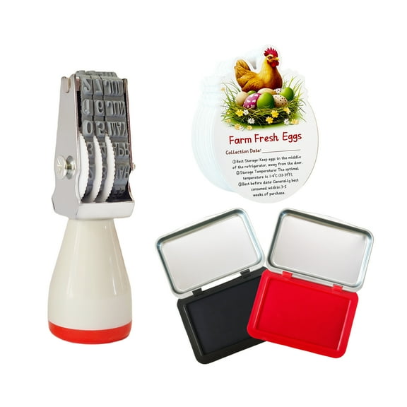 Homvik Egg Dater Kit Include 1 Date Stamp 4mm Rubber Egg Stamp, 2 Egg Safe Ink-RED&Black, 50 Pcs Farm Fresh Eggs Handling Instructions, Ink Pad Fresh Egg Stamper Ink Pad for Egg Mark Farm Accessories