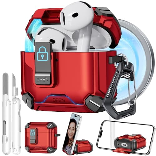 for AirPods 4 Case, 【Built-in Invisible Bracket】 Secure Lock Case [Compatible with MagSafe] for AirPods 4th Generation 2024 wiht Cleaning Kit, Auto-Open, Military Grade Protective (Red)