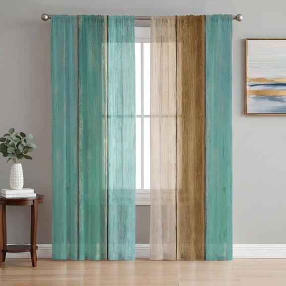 Teal Brown Wooden Sheer Curtains 72 Inch Length 2 Panels Set, Farmhouse Vertical Striped Art Voile Window Treatment Rod Pocket Curtains Sheers Drapes for Bedroom/Living Room/Kitchen 52"x72"x2