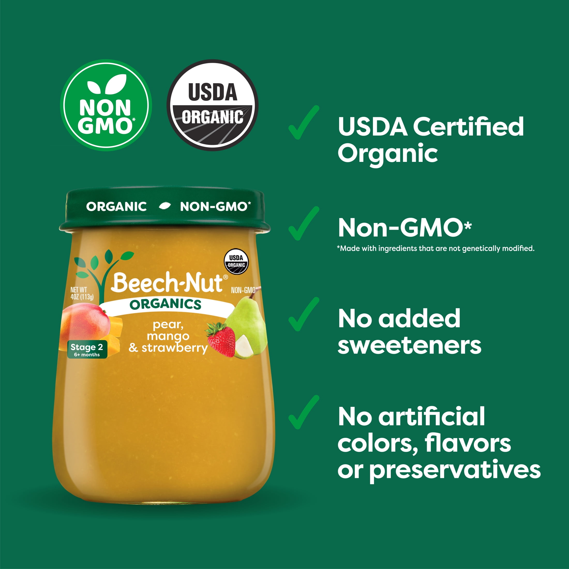 (6 pack) Beech-Nut Organics Stage 2 Organic Baby Food, Pear Mango & Strawberry, 4oz Jar