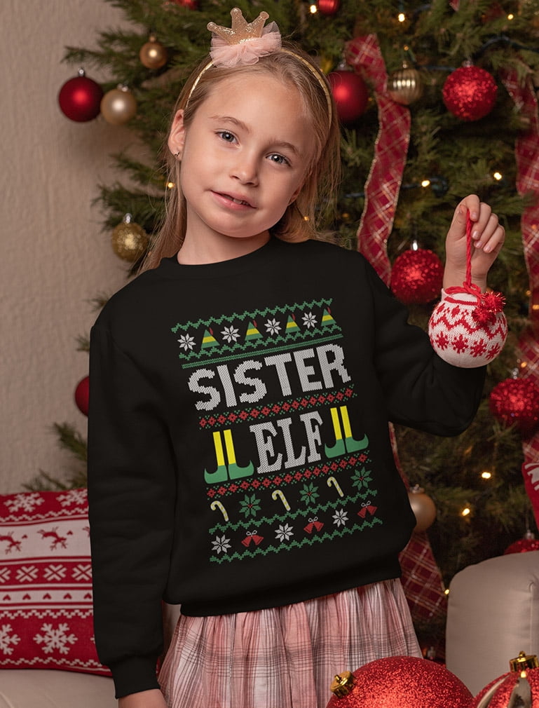 Tstars Girls Ugly Christmas Sister Elf Family Kids Christmas Gift Funny Humor Holiday Shirts Xmas Party Christmas Gifts for Girl Youth Kids Sweatshirt.