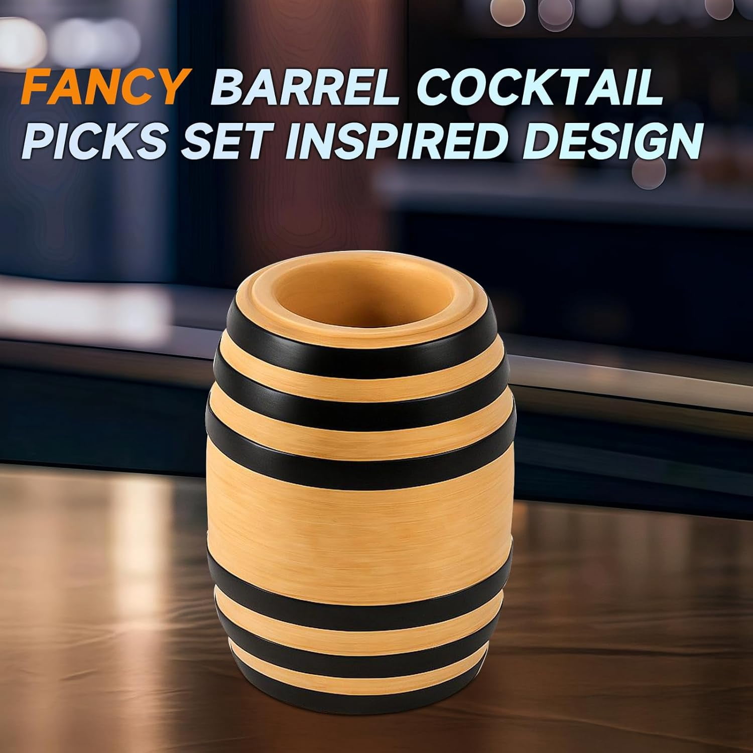 Lexenic Exclusive Cocktail Picks with Bar Ornament Barrel Holder, 4.3" 304 Stainless Steel Martini Skewers, Reusable Metal Toothpicks for Olives, Appetizers & Fruit, Gift - 12 Pack