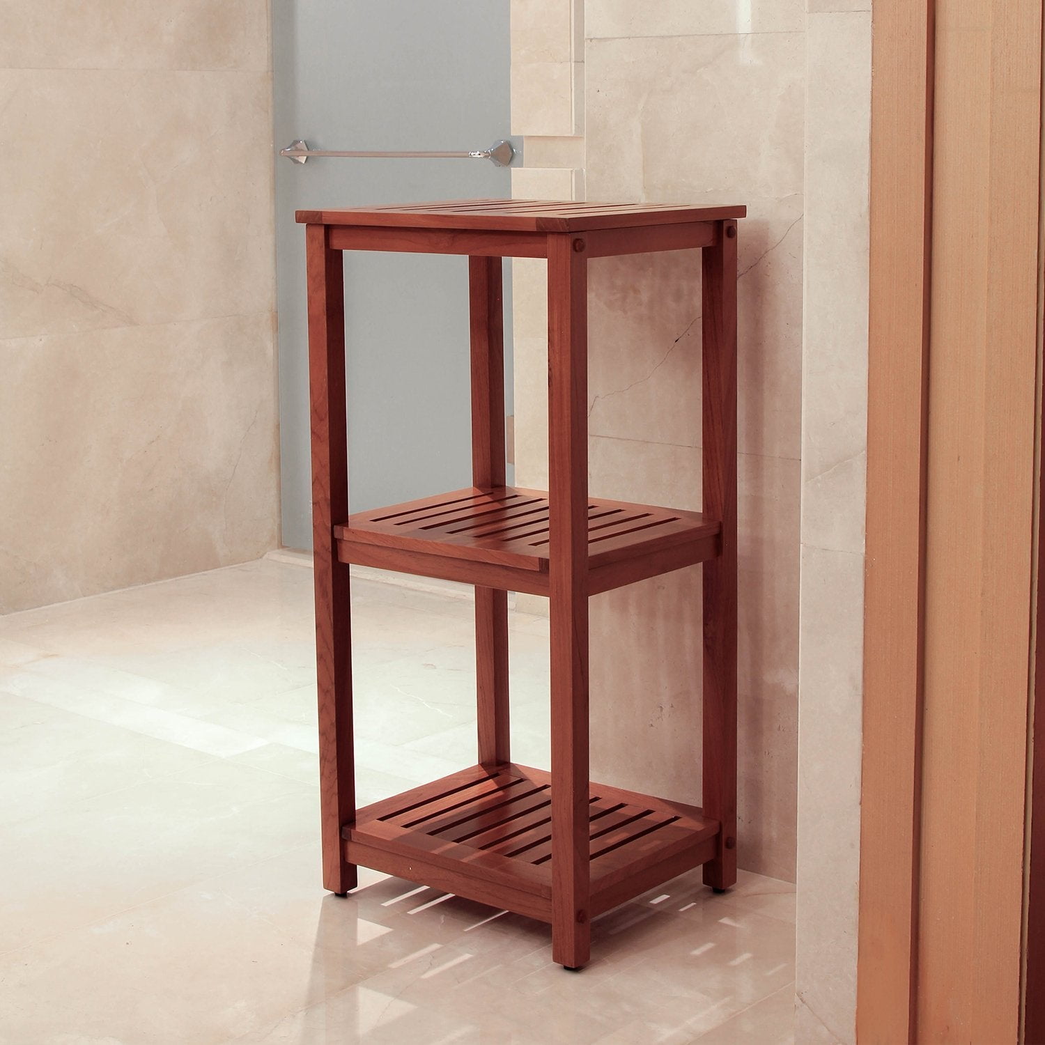 Dussi Teak Wood Freestanding 3 Tier Corner Bathroom Storage Shelf