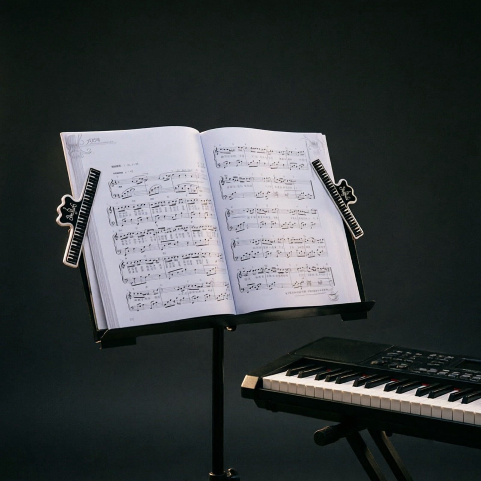 Keyboard Sheet Music Stand Attachment, Black Music Book Holder with Clips, Portable Piano Accessory for Holding Sheet Music Securely During Practice