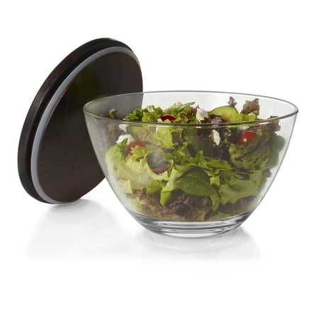 Extra Large Salad Bowl - Libbey Urban Story Extra-Large Glass Serving Bowl with Lid, 1- 9.5 inch Glass Bowl with Wood Lid, Lead-Free