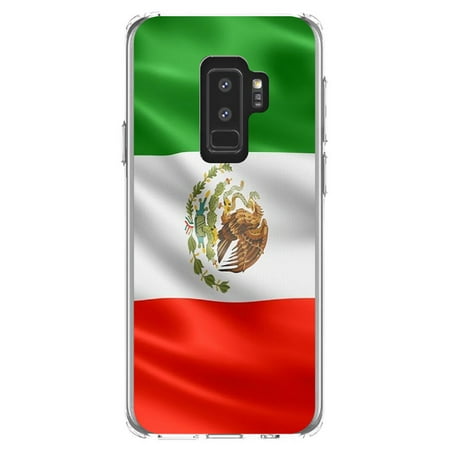 DistinctInk Clear Shockproof Hybrid Case for Samsung Galaxy S9+ PLUS (6.2" Screen) - TPU Bumper, Acrylic Back, Tempered Glass Screen Protector - Red White Green Mexican Flag Mexico