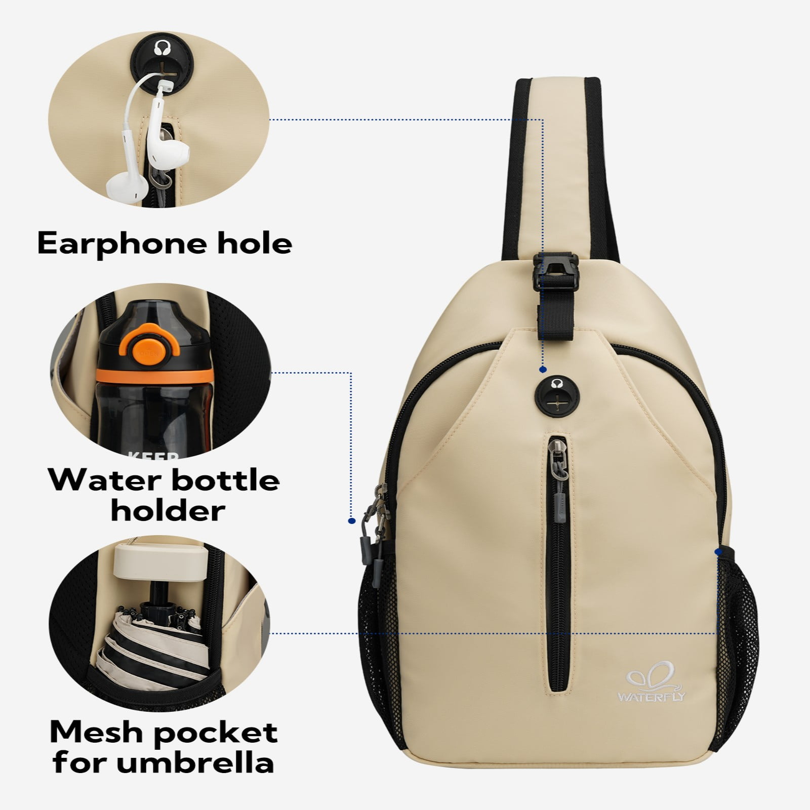 WATERFLY Unisex Hiking Travel Nylon Sling Bag Cross-Body Shoulder Chest Bag,Beige