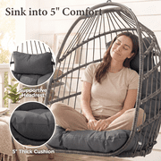 RADIATA Patio Hanging Egg Chair Without Stand, 5 Cushion 3-Second Folding Wicker Outdoor Swing Chair No Stand Tree or Ceiling Hanging for Garden, Porch, Balcony, 350 lb, Dark Gray