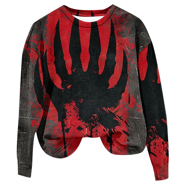 KIHOUT Chandails en Molleton pour Femmes Halloweens Décontracté Rouge Imprimé Col Rond Manches Longues Graphique Haut Ample Automne Hiver Pull Blouse, Taille S-2TG