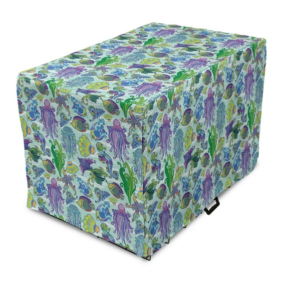 Underwater Dog Crate Cover, Modern Sea Life Colorful Jellyfish Seahorse Exotic Aquarium, Easy to Use Pet Kennel Cover Small Dogs Puppies Kittens, 7 Sizes, Purple Turquoise and Green, by Ambesonne