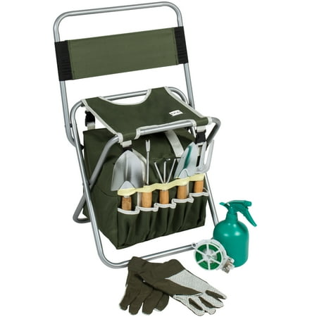 Gardening Gift Sets For Her Best Choice Products 10-Piece Outdoor Gardening Tool Set w/ Detachable Tote Bag and Folding Stool Chair - Green ()