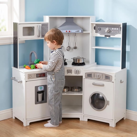LAZY BUDDY Wooden Corner Play Kitchen for Kids with Light & Sound, Toddler Kitchen Playset Interactive Cooking Toy with Ice Maker, Towel Rack