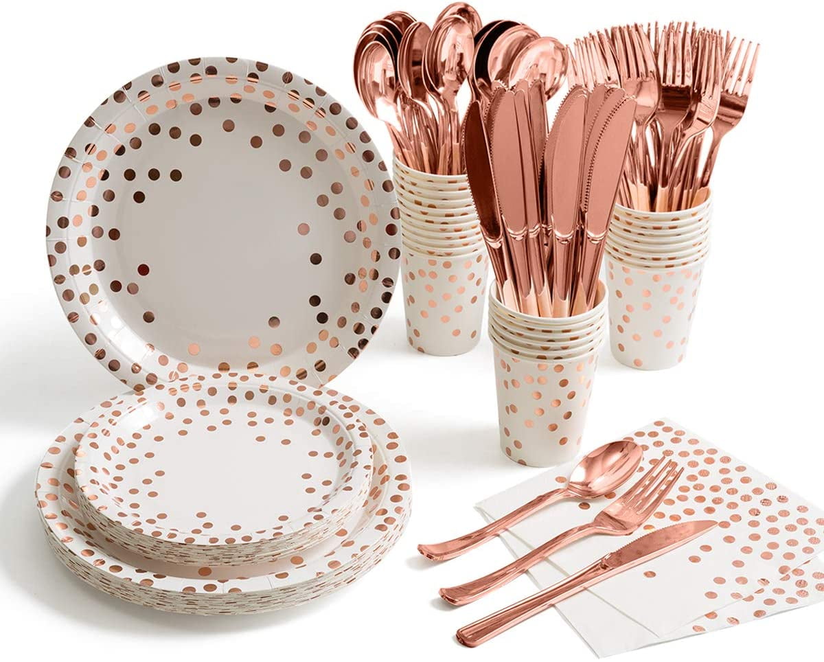 Includes Plastic Knives Forks 169PCS Disposable Dinnerware Set Wedding Bridal Shower Spoons Cups,Party Supplies for Birthday Napkins Serves 24 Guest Paper Plates