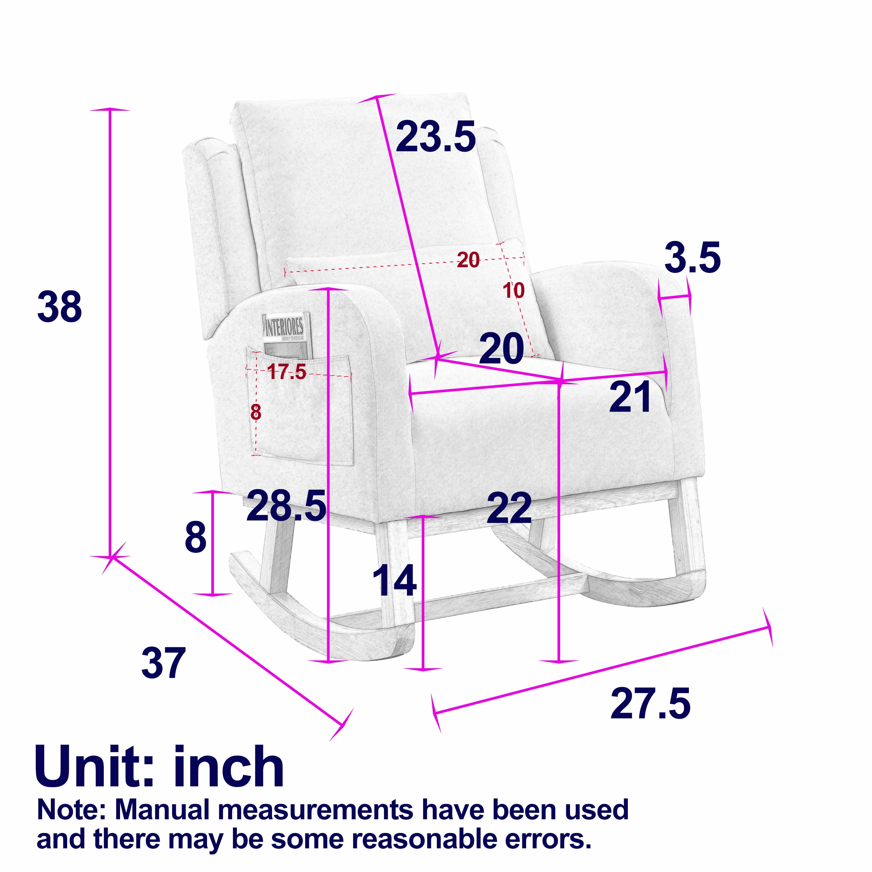 MAYEERTY 27.5 "W Modern Accent High Back Living Room Casual Armchair Rocker with One Lumbar Pillow, Two Side Pockets,Teddy.