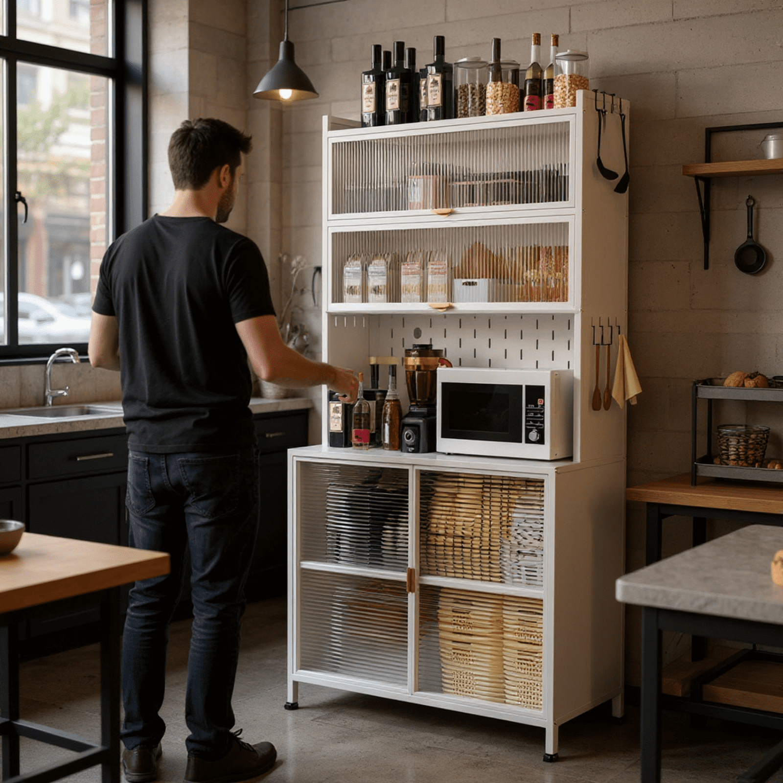 Homy Casa Tall Pantry Cabinet with Glass Sliding Doors and Multi-Layer Storage for Kitchen, White