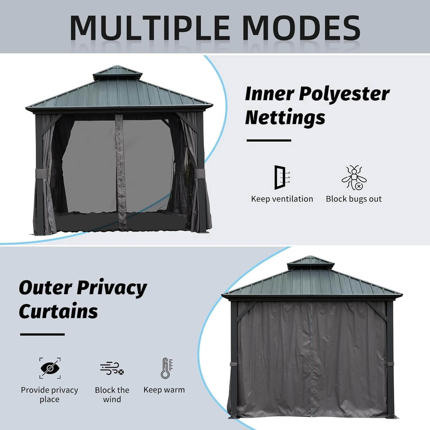 Domi 8’ X 8’ Hardtop Gazebo Canopy with Netting & Curtains, Outdoor Aluminum Gazebo with Galvanized Steel Double Roof for Patio Lawn and Garden, Gray