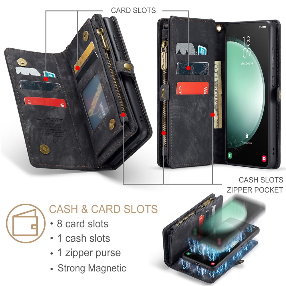 CaseMe Leather Case for Samsung Galaxy S23 FE 5G,2 in 1 Detachable Wallet Case with 8-Card Holder Zipper Bills Slot,Magnetic Shockproof Flip Leather Cover Zipper Pocket Phone Cases,Black
