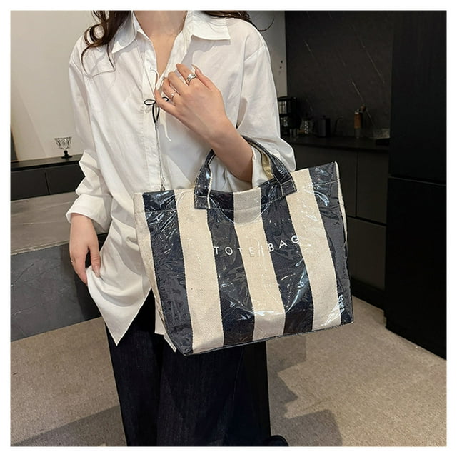 Tote Bag, Waterproof PVC Tote Bag For Women, Large Capacity Letters Print Plastic Handbag Shopping Gift, Dark Blue