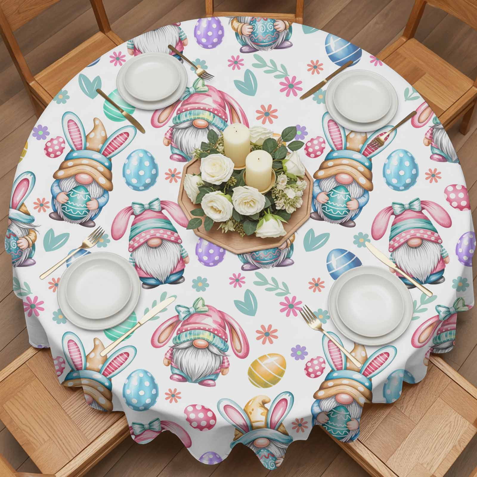 Round Tablecloth Easter Gnomes Pattern Waterproof Oil Proof Polyester Table Cloth Cover Decor for Home Dining Outdoor,Patio,Parties, 54" Dia. White